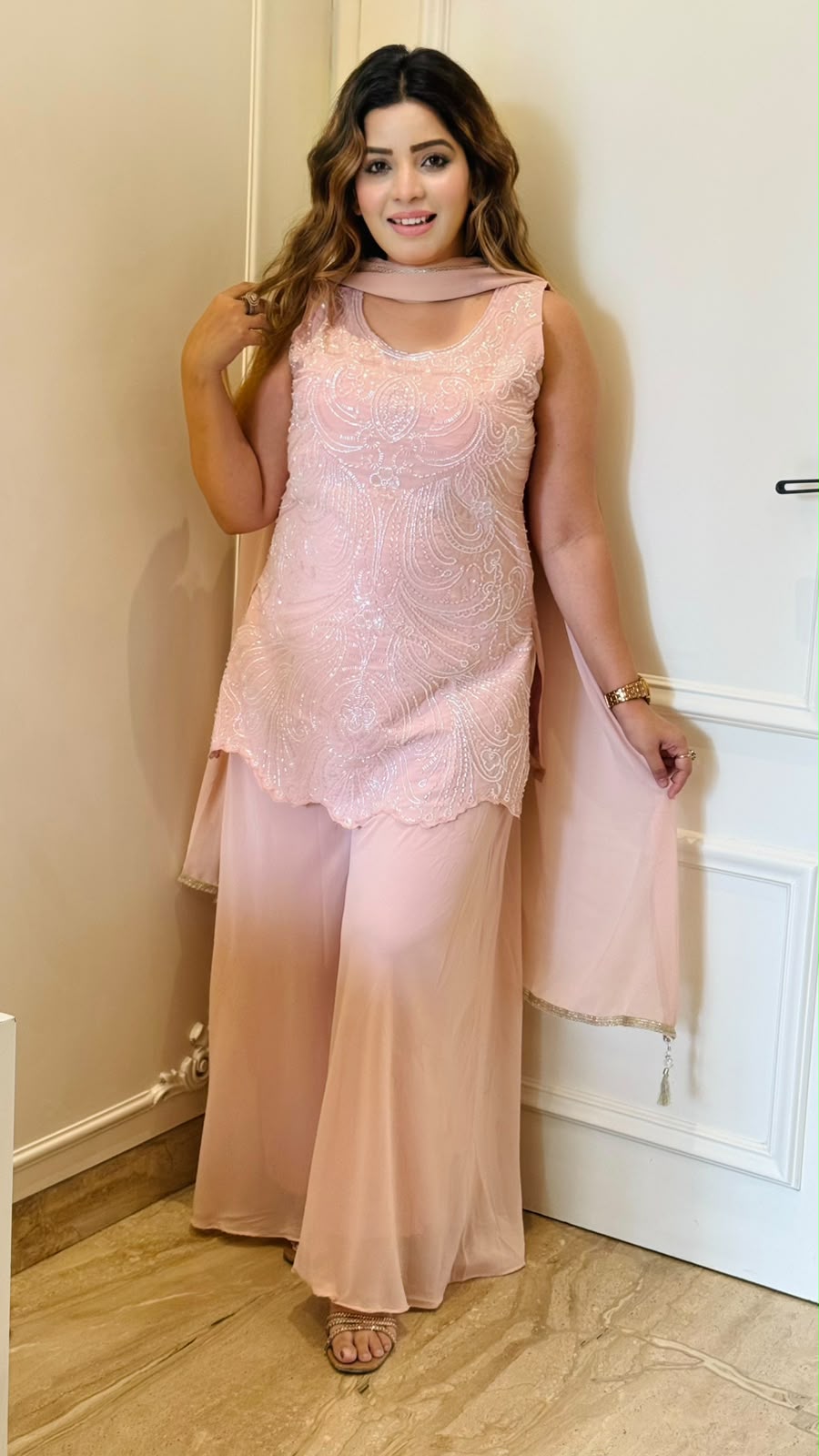 Rahi Georgette Palazzo Suit Set- Pink, White