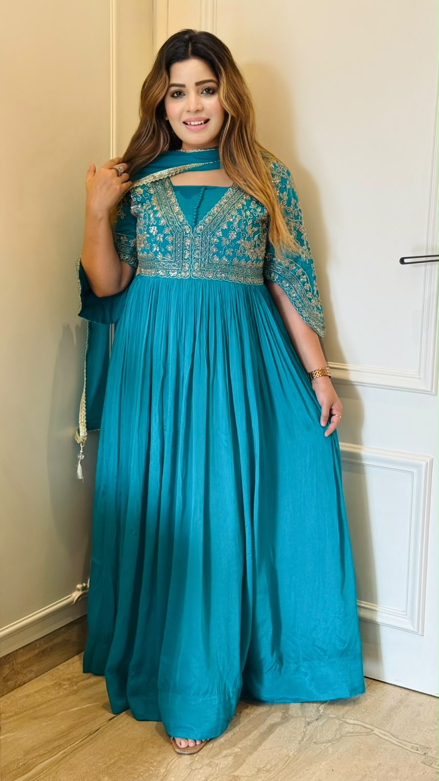 Ranya Chinnon Anarkali Suit Set- Blue