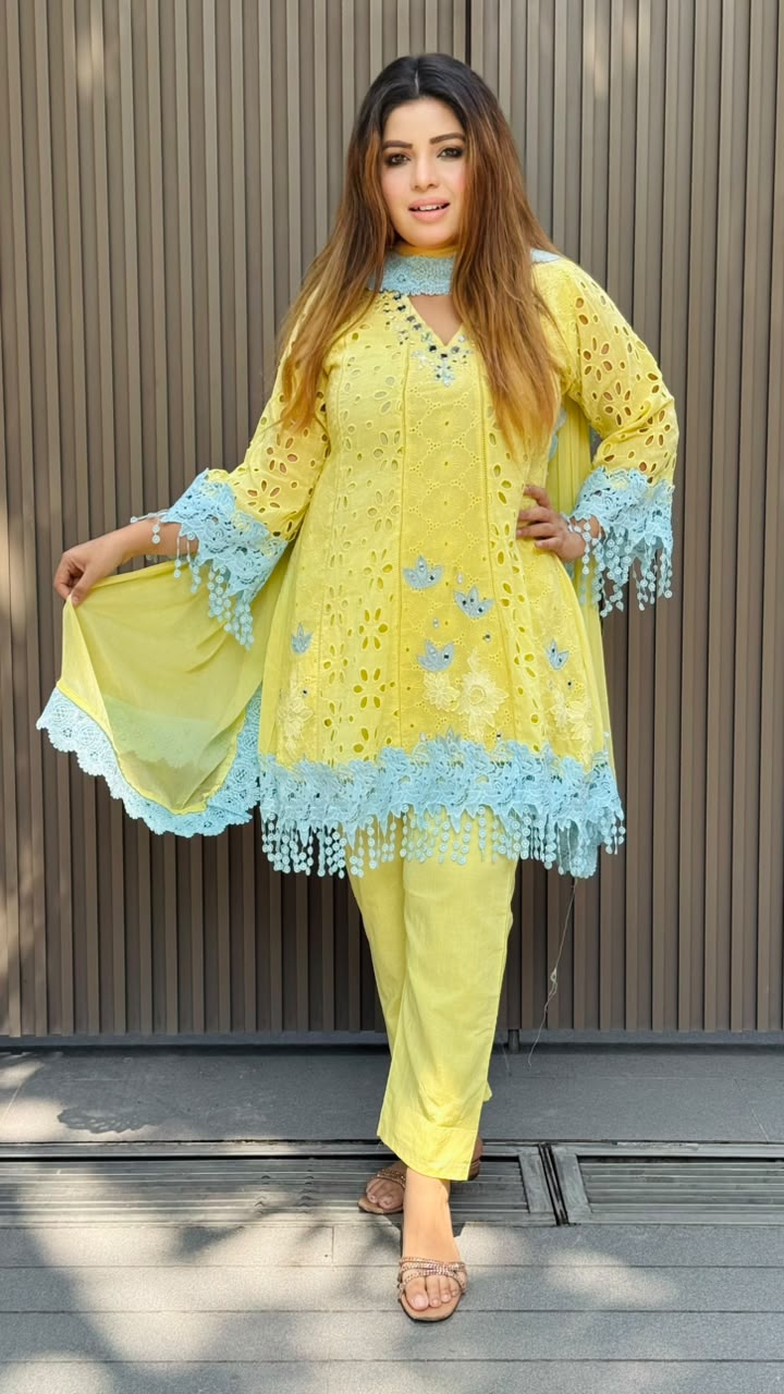 Vareya Cotton Suit Set- Yellow, Pink