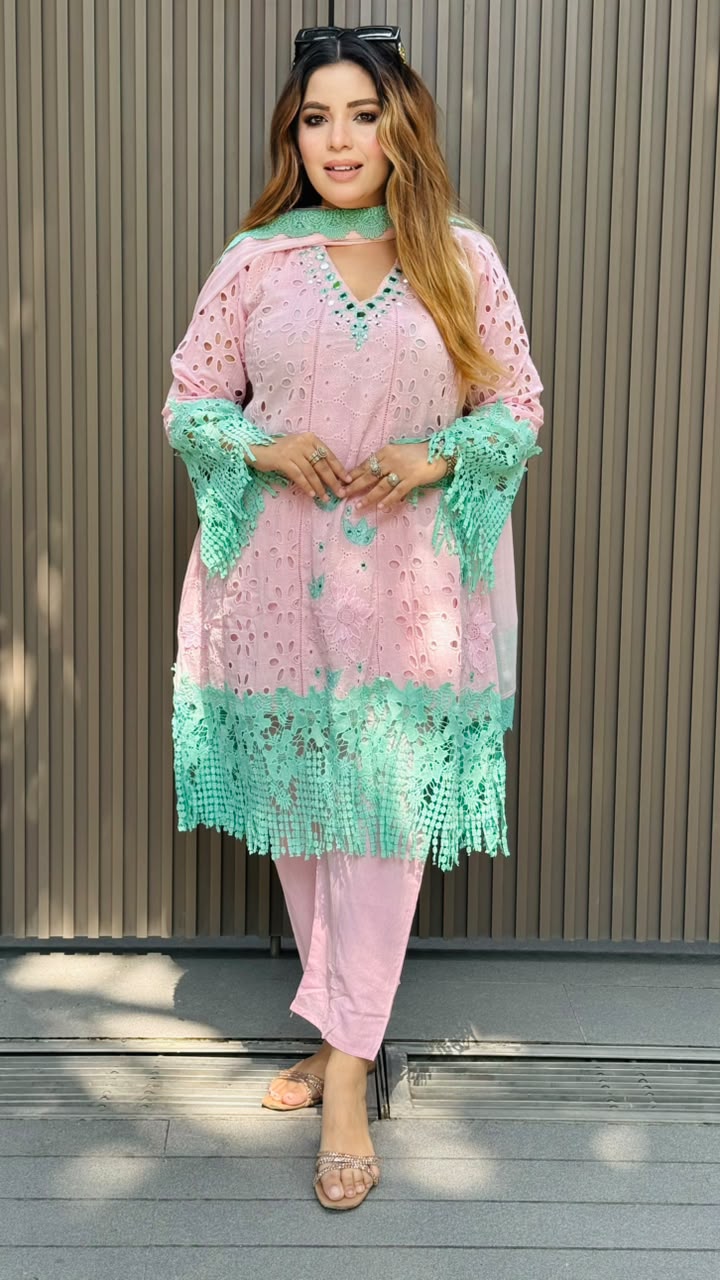 Vareya Cotton Suit Set- Yellow, Pink