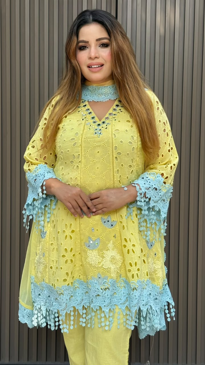 Vareya Cotton Suit Set- Yellow, Pink