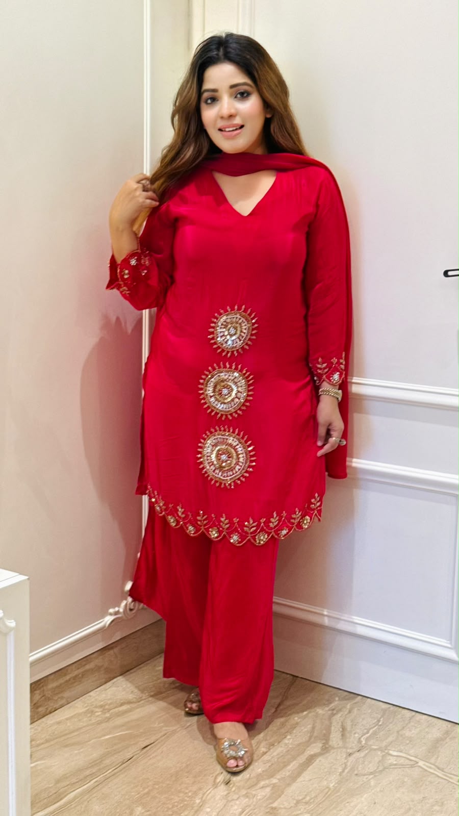 Bhoomi Crepe Suit Set- Red, Rust, Gray, Pink