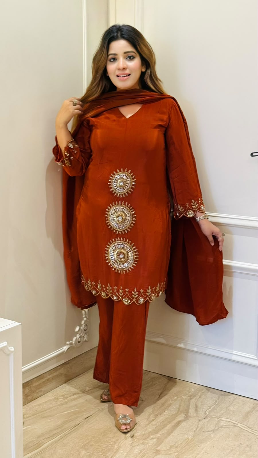 Bhoomi Crepe Suit Set- Red, Rust, Gray, Pink