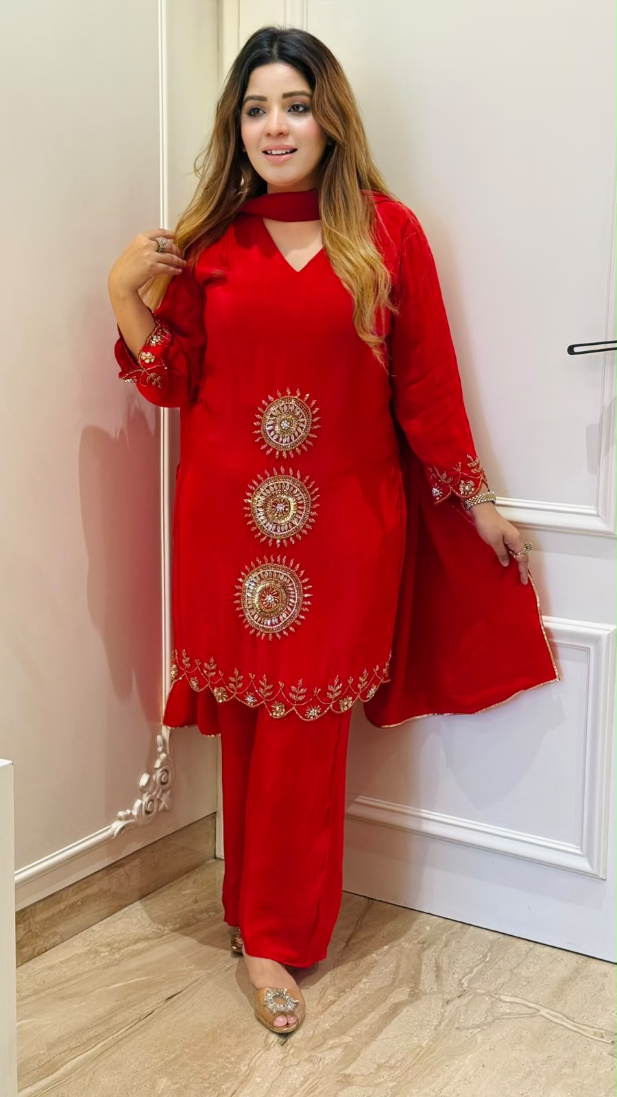 Bhoomi Crepe Suit Set- Red, Rust, Gray, Pink