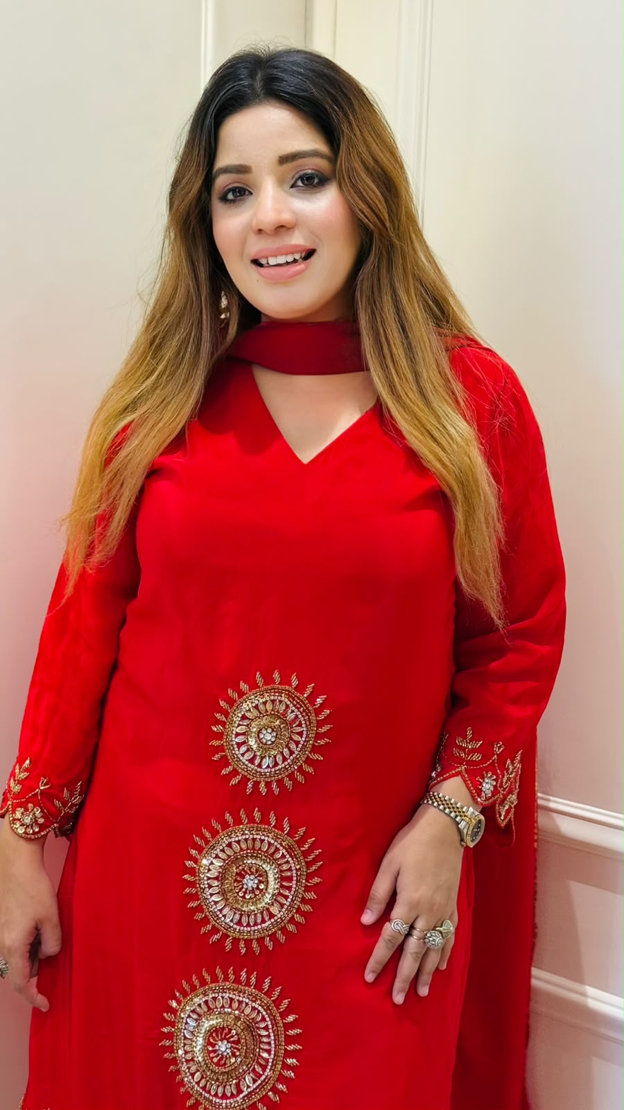 Bhoomi Crepe Suit Set- Red, Rust, Gray, Pink