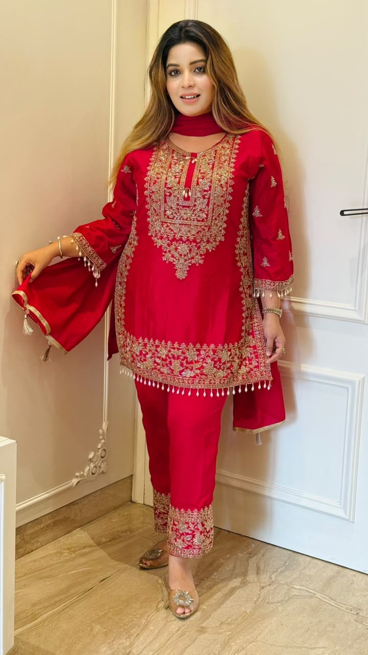 Simran Chinnon Georgette Suit Set- Pink, Purple, Green