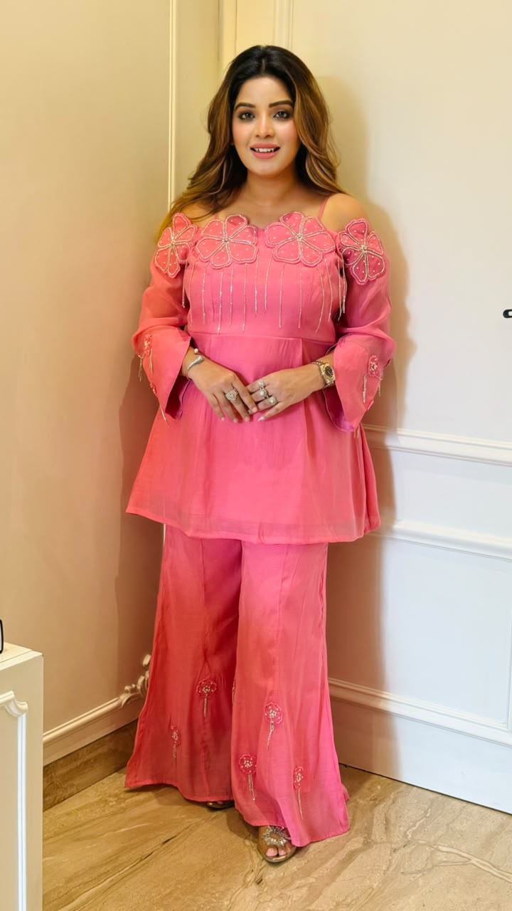 Varsha Maslin Off-Shoulder Palazz Suit Set- Pink