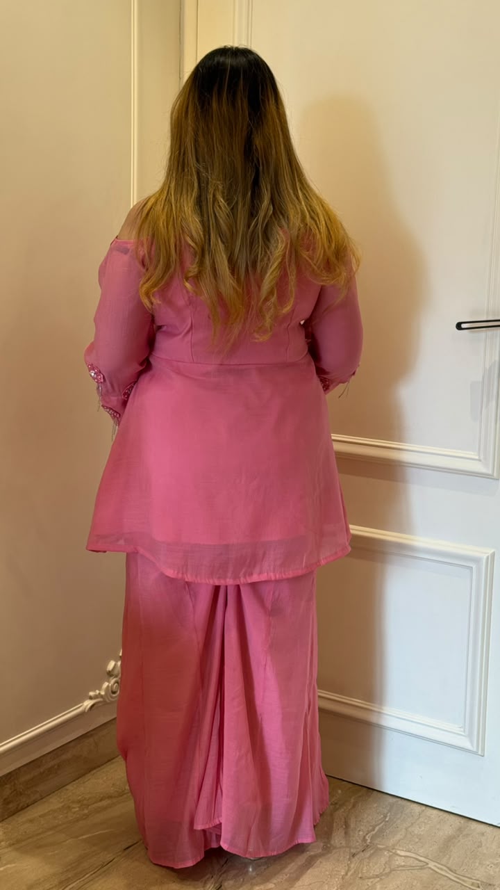 Varsha Maslin Off-Shoulder Palazz Suit Set- Pink