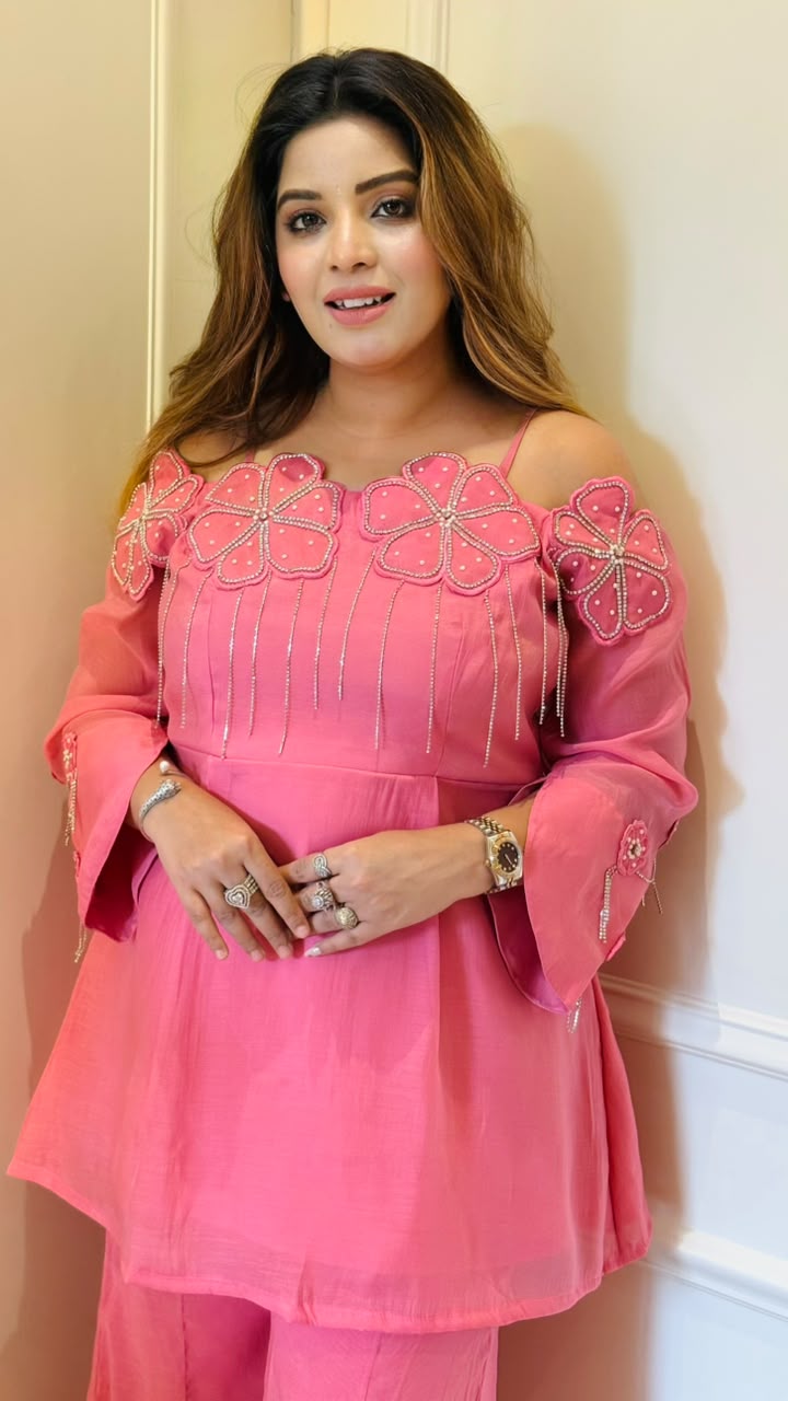 Varsha Maslin Off-Shoulder Palazz Suit Set- Pink