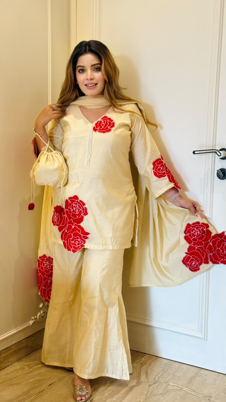Ameya Shimmer Cotton Suit Set- Beige