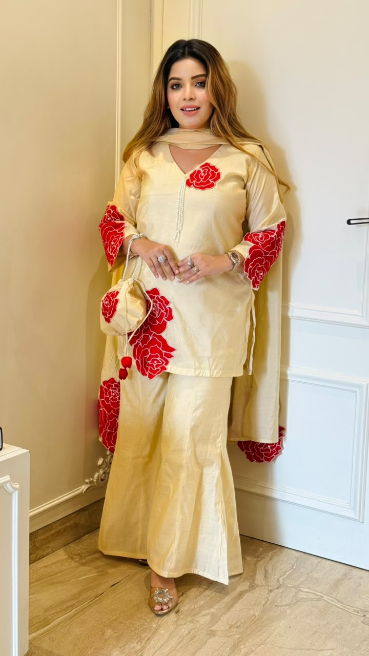 Ameya Shimmer Cotton Suit Set- Beige