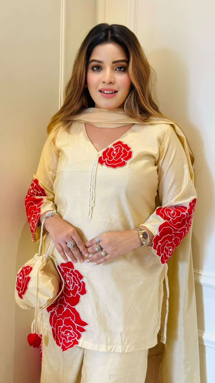 Ameya Shimmer Cotton Suit Set- Beige