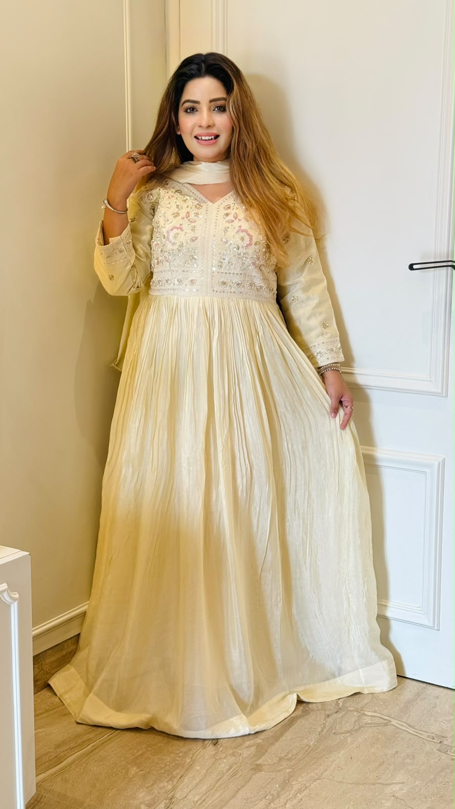 Dhvani Chinnon Anarkali- Beige, Pink, Green