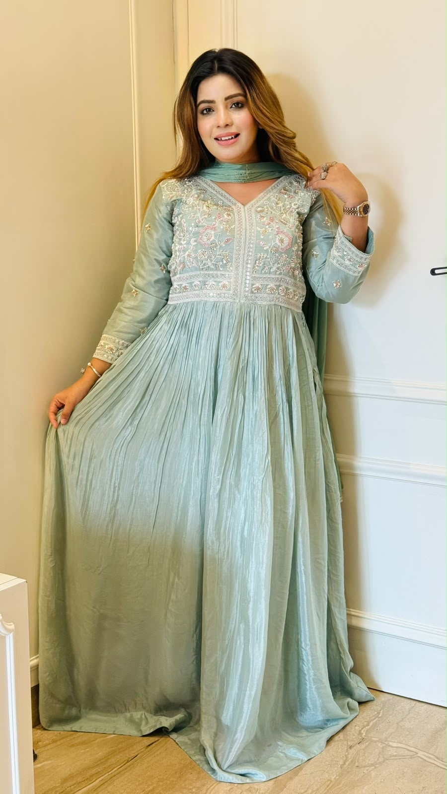 Dhvani Chinnon Anarkali- Beige, Pink, Green