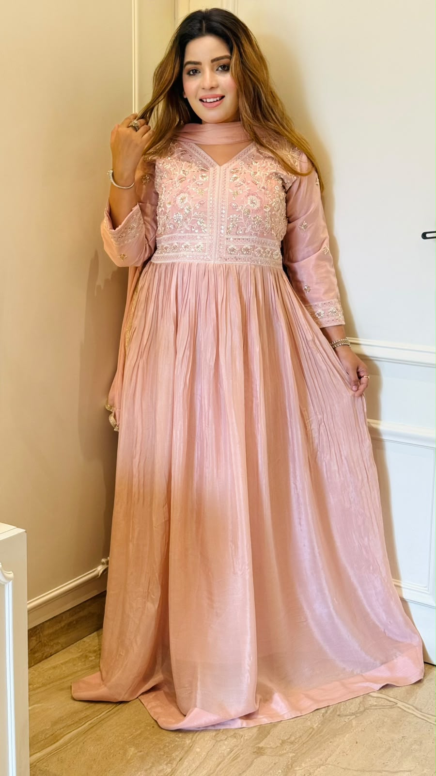 Dhvani Chinnon Anarkali- Beige, Pink, Green