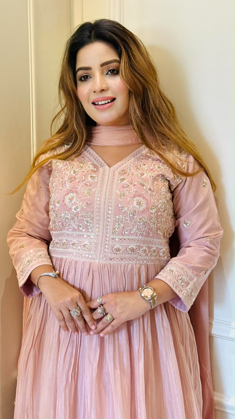 Dhvani Chinnon Anarkali- Beige, Pink, Green
