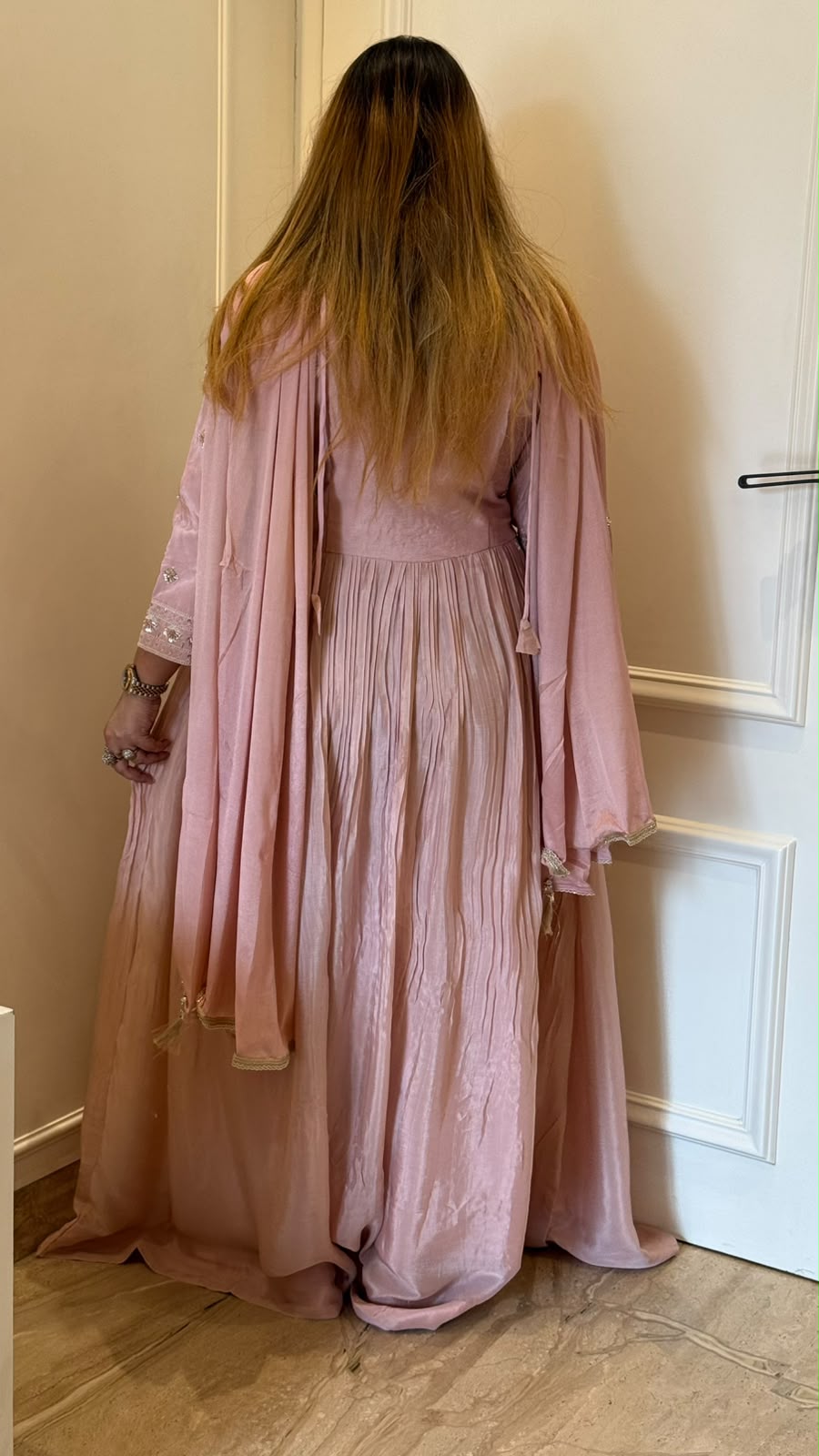 Dhvani Chinnon Anarkali- Beige, Pink, Green