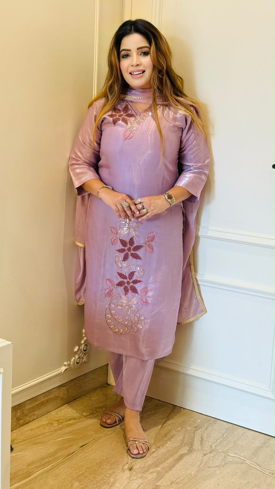 Jahnavi Roman Silk Suit Set- Purple, Beige