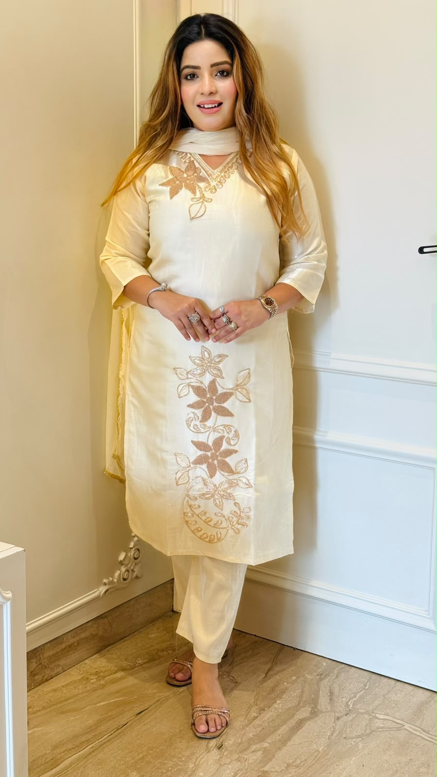 Jahnavi Roman Silk Suit Set- Purple, Beige