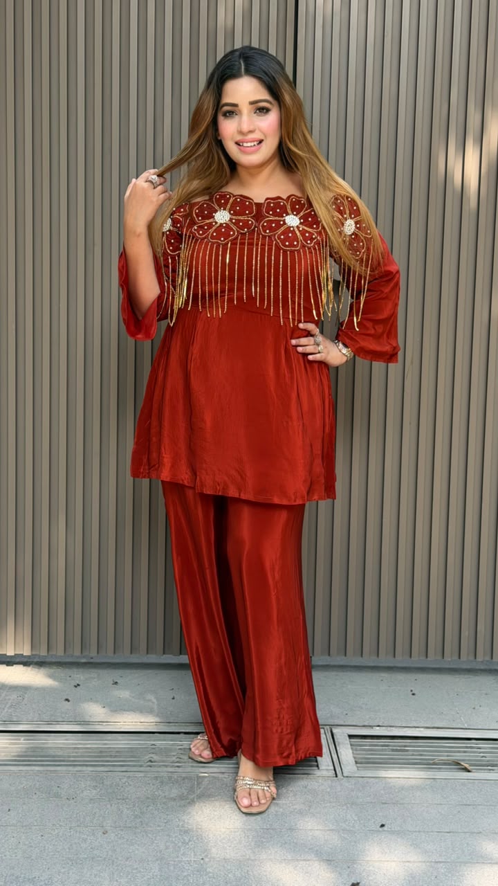 Nimisha Crepe Bell Bottom Cordset- Magenta, Rust, Red, Beige