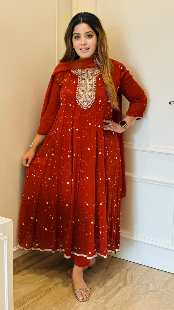 Oindrila Chinnon 3-Piece Anarkali Suit Set- Red