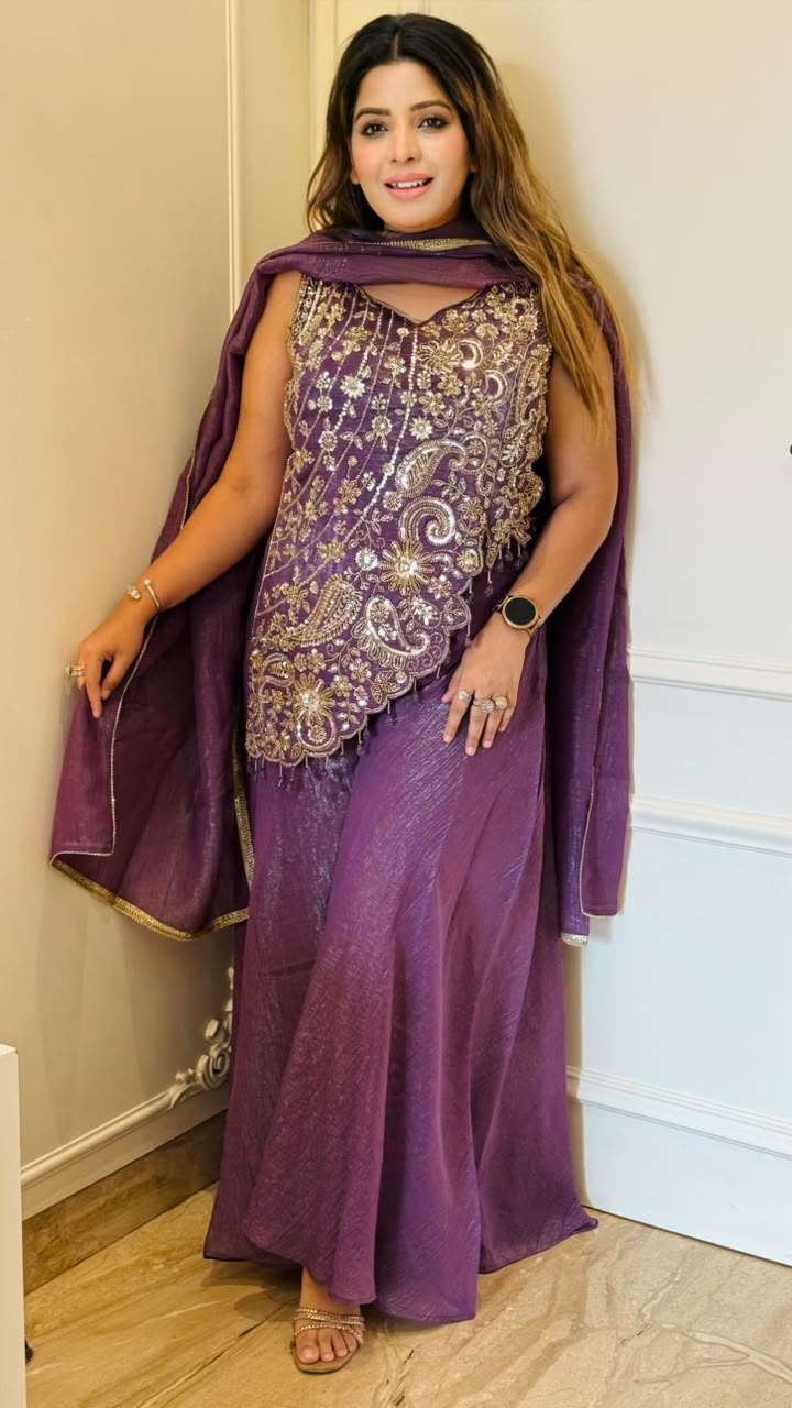 Tavishi Indo-Western Shimmer Georgette Plazo Set- Blue, Purple