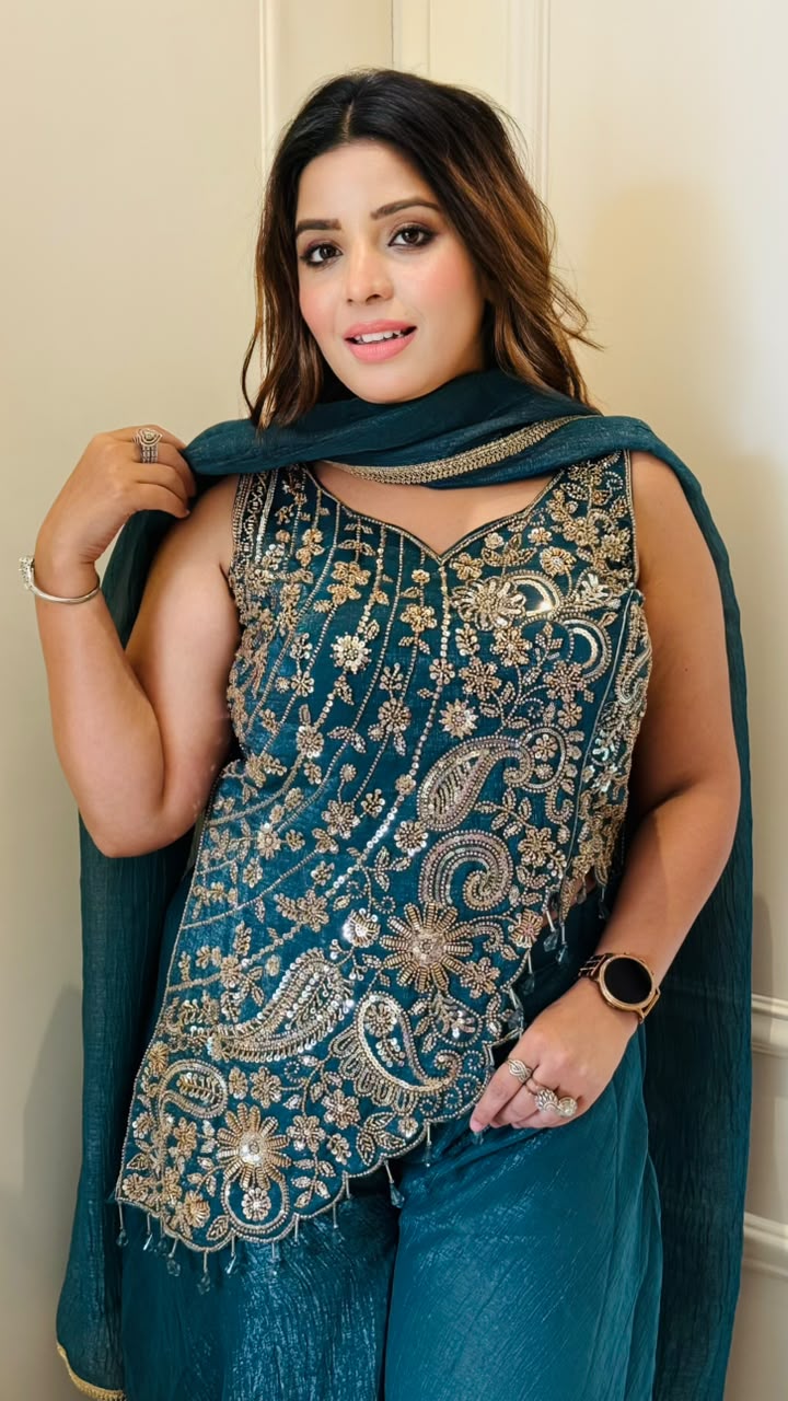 Tavishi Indo-Western Shimmer Georgette Plazo Set- Blue, Purple