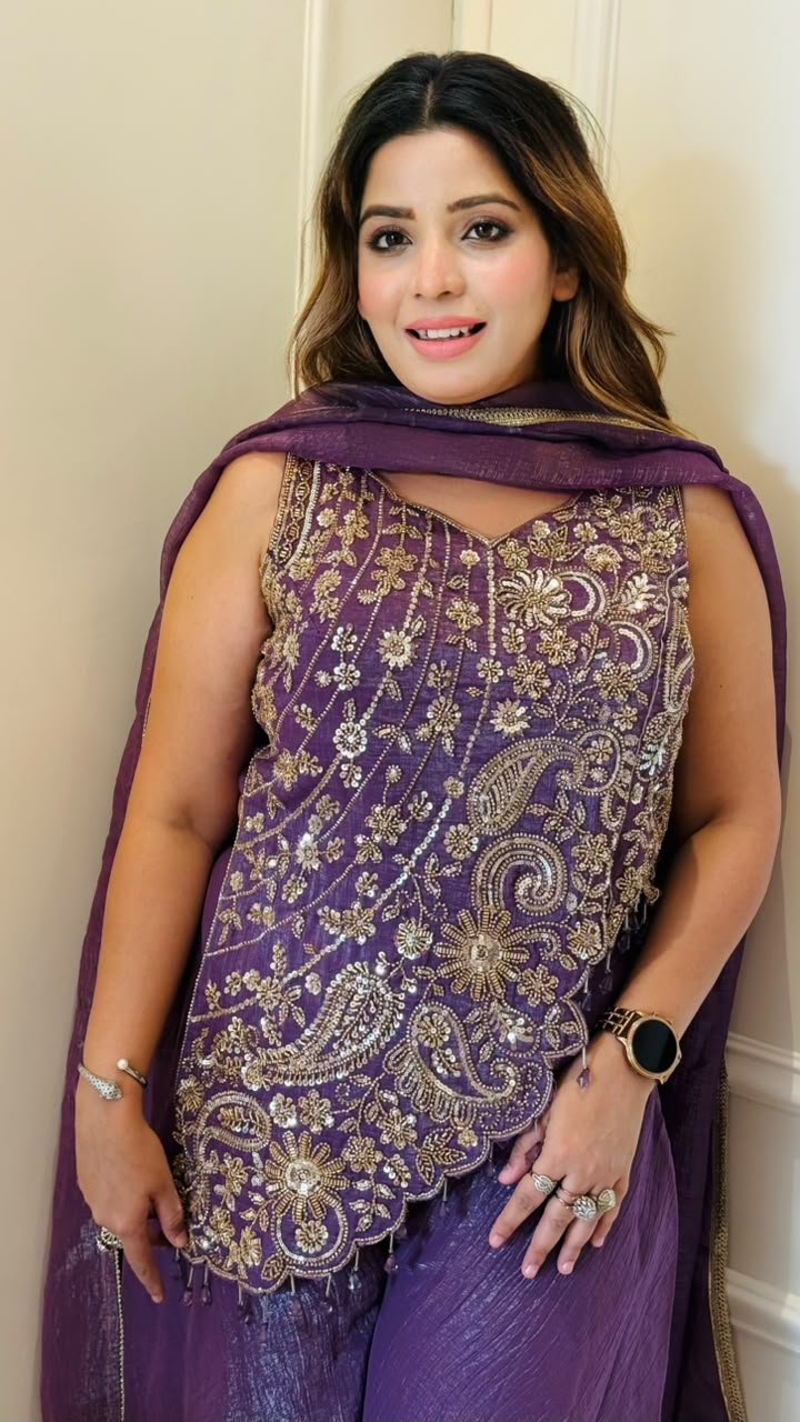 Tavishi Indo-Western Shimmer Georgette Plazo Set- Blue, Purple