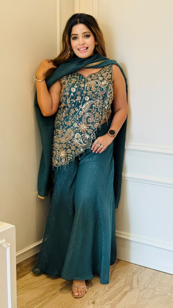 Tavishi Indo-Western Shimmer Georgette Plazo Set- Blue, Purple