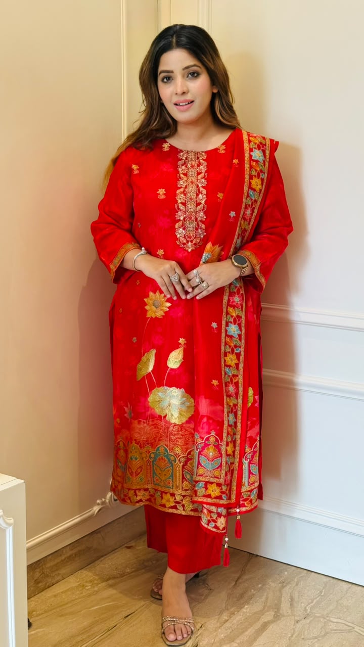 Adwita Banarsi Silk Suit Set- Red