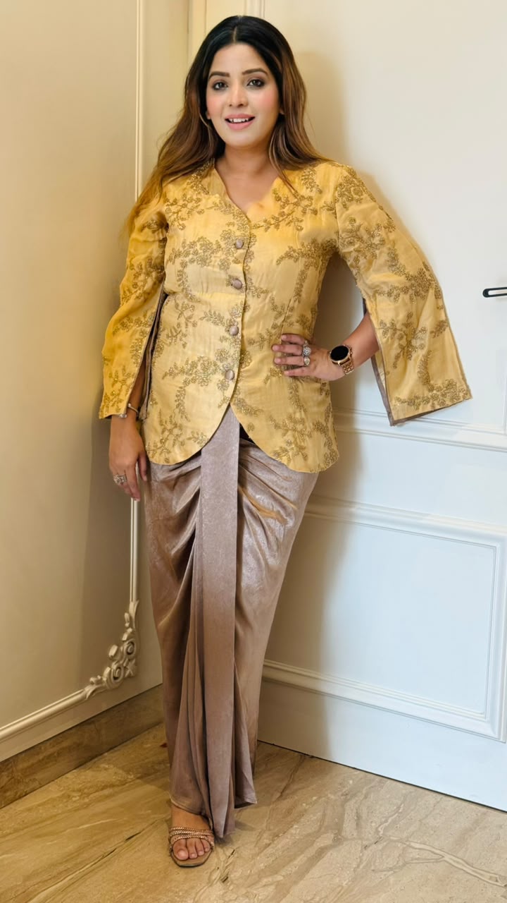 Aradhita Indo-Western Fabric Dress- Orange, Yellow, Green, Beige