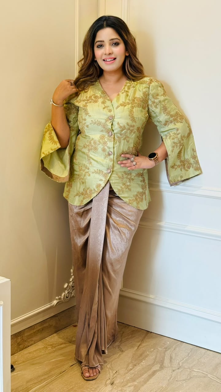 Aradhita Indo-Western Fabric Dress- Orange, Yellow, Green, Beige