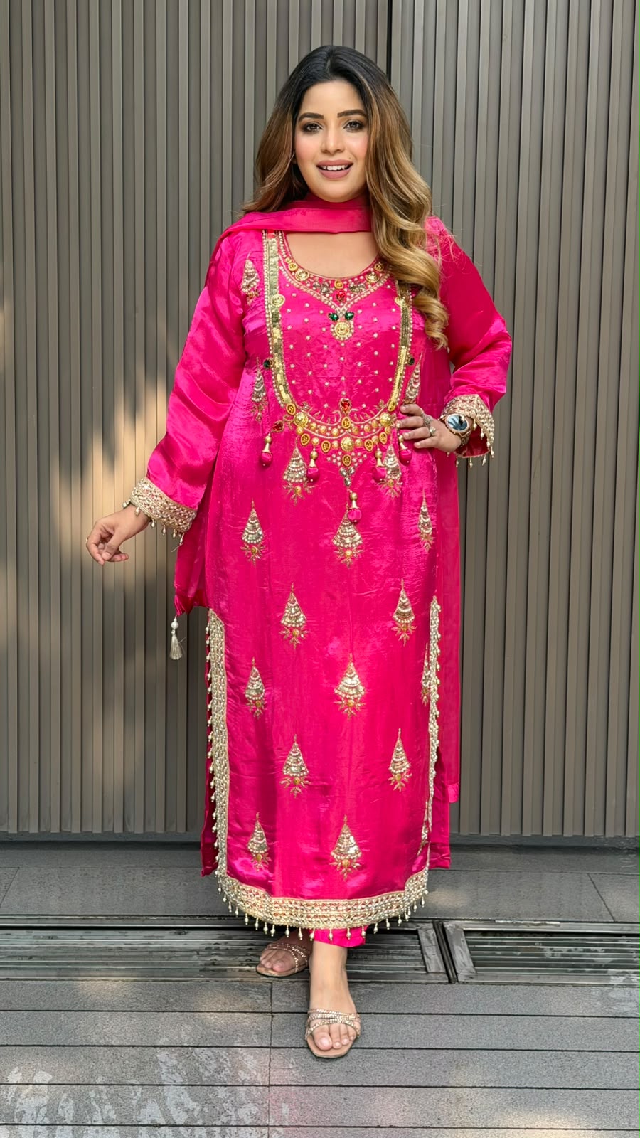 Madhura Crepe Firaan Set- Pink, Purple, Beige