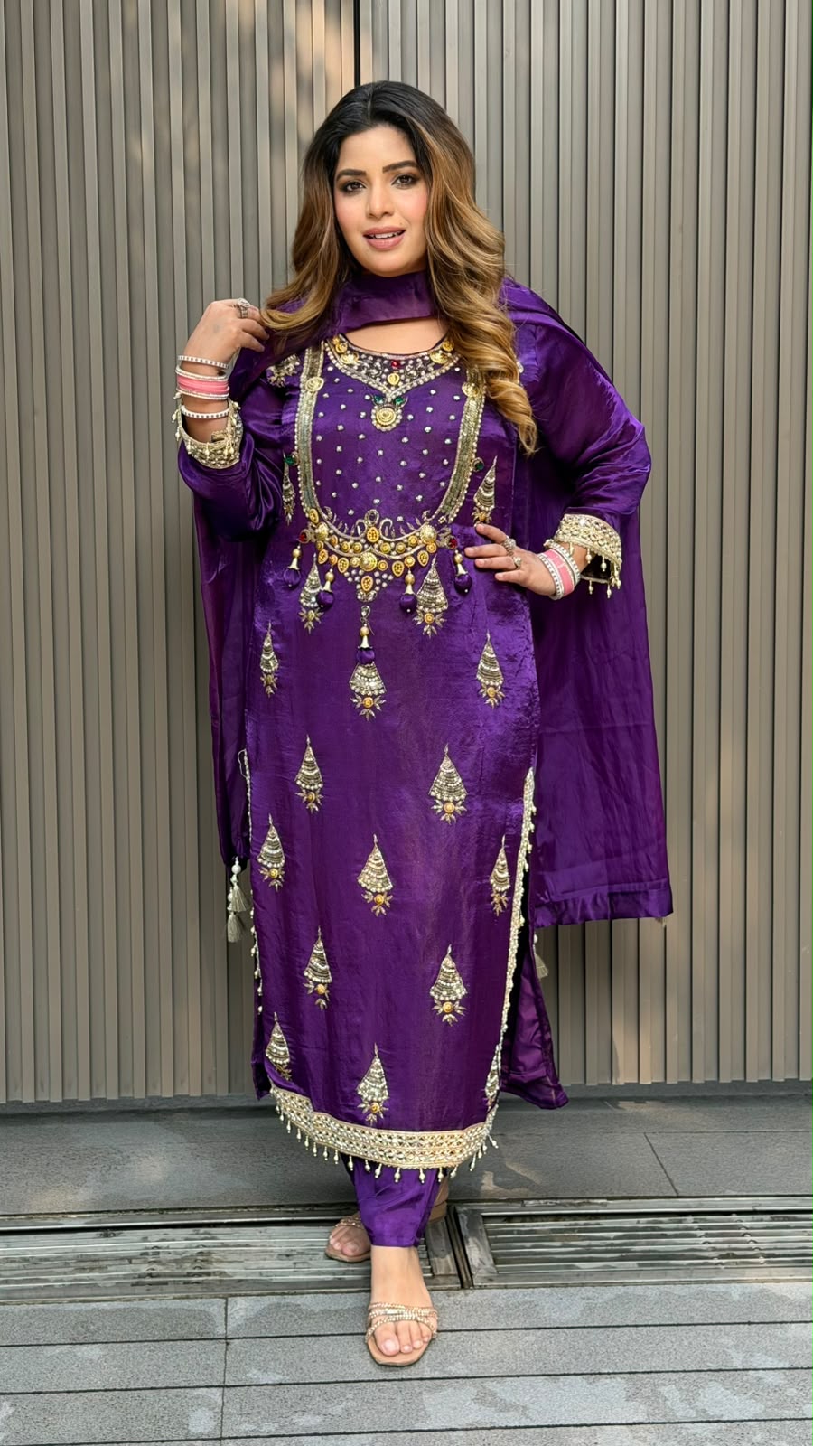 Madhura Crepe Firaan Set- Pink, Purple, Beige