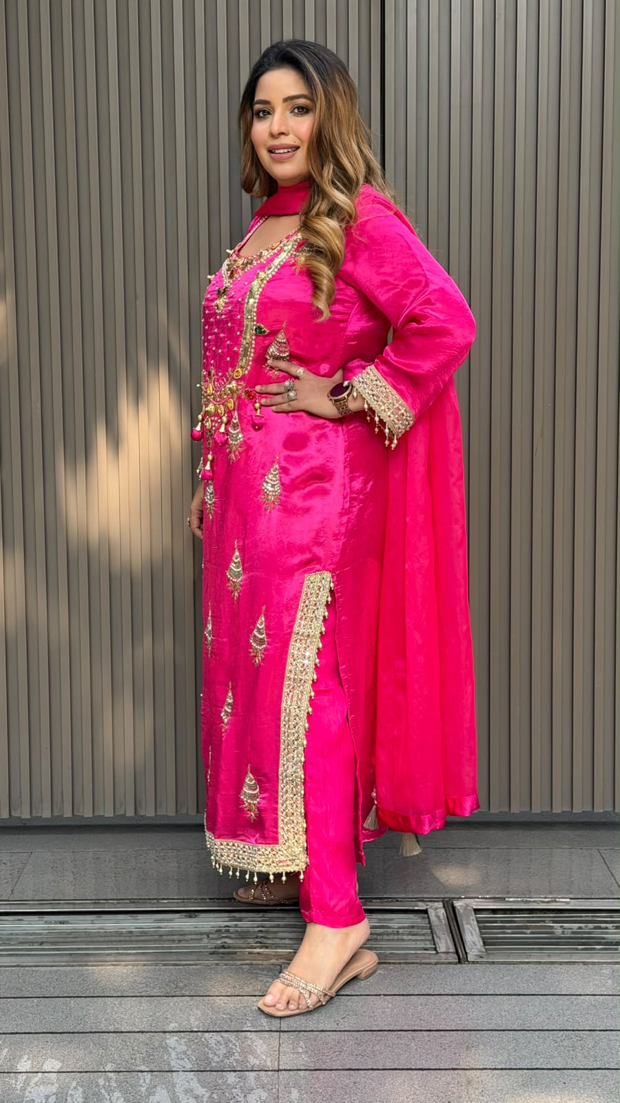 Madhura Crepe Firaan Set- Pink, Purple, Beige