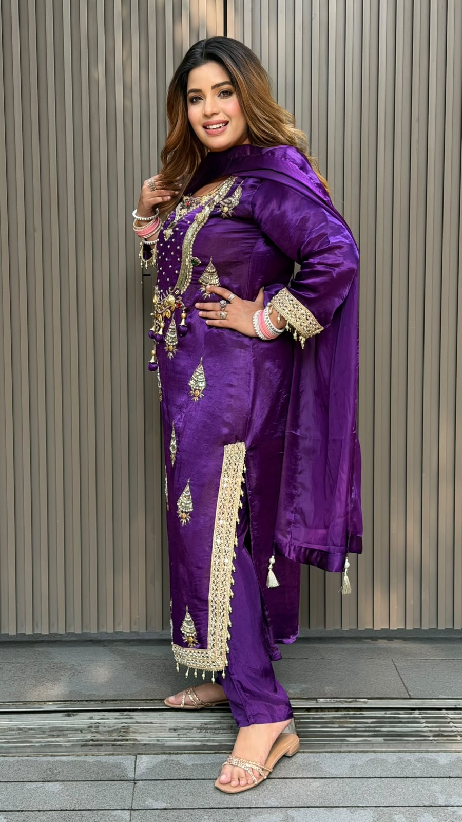 Madhura Crepe Firaan Set- Pink, Purple, Beige