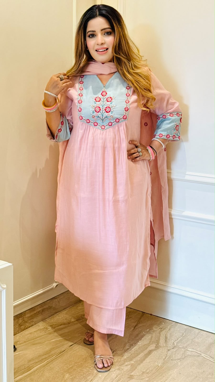 Aishwarya Maslin Nyra Cut Suit Set- Pink, Yellow