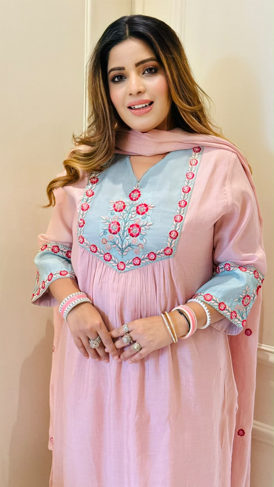 Aishwarya Maslin Nyra Cut Suit Set- Pink, Yellow