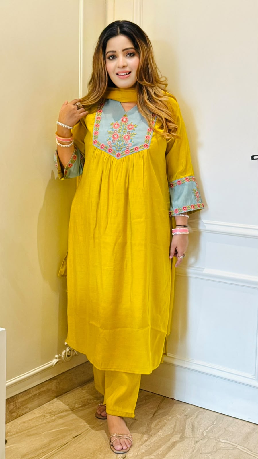 Aishwarya Maslin Nyra Cut Suit Set- Pink, Yellow