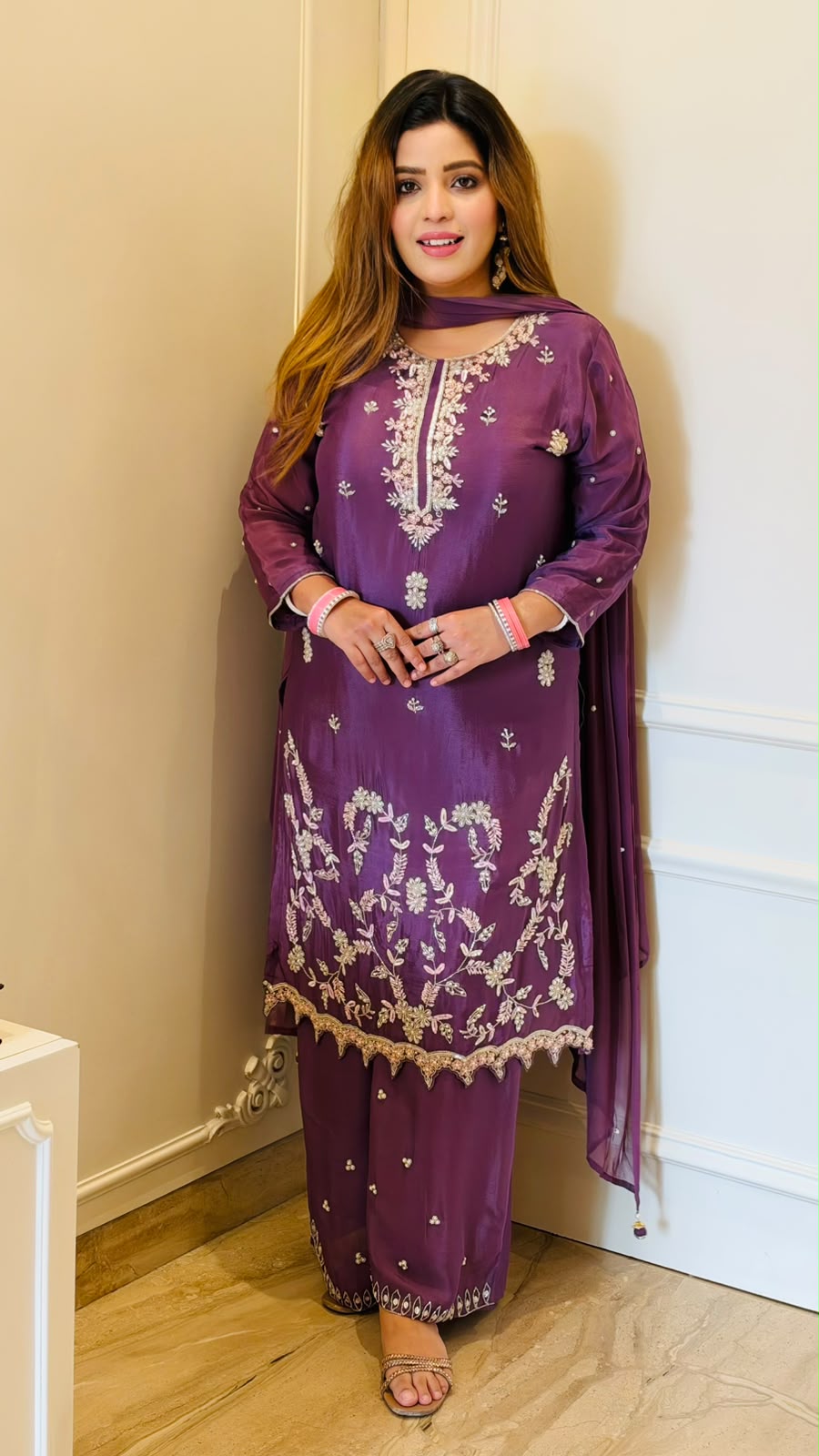 Akshara Chinnon Handwork Suit Set- Purple