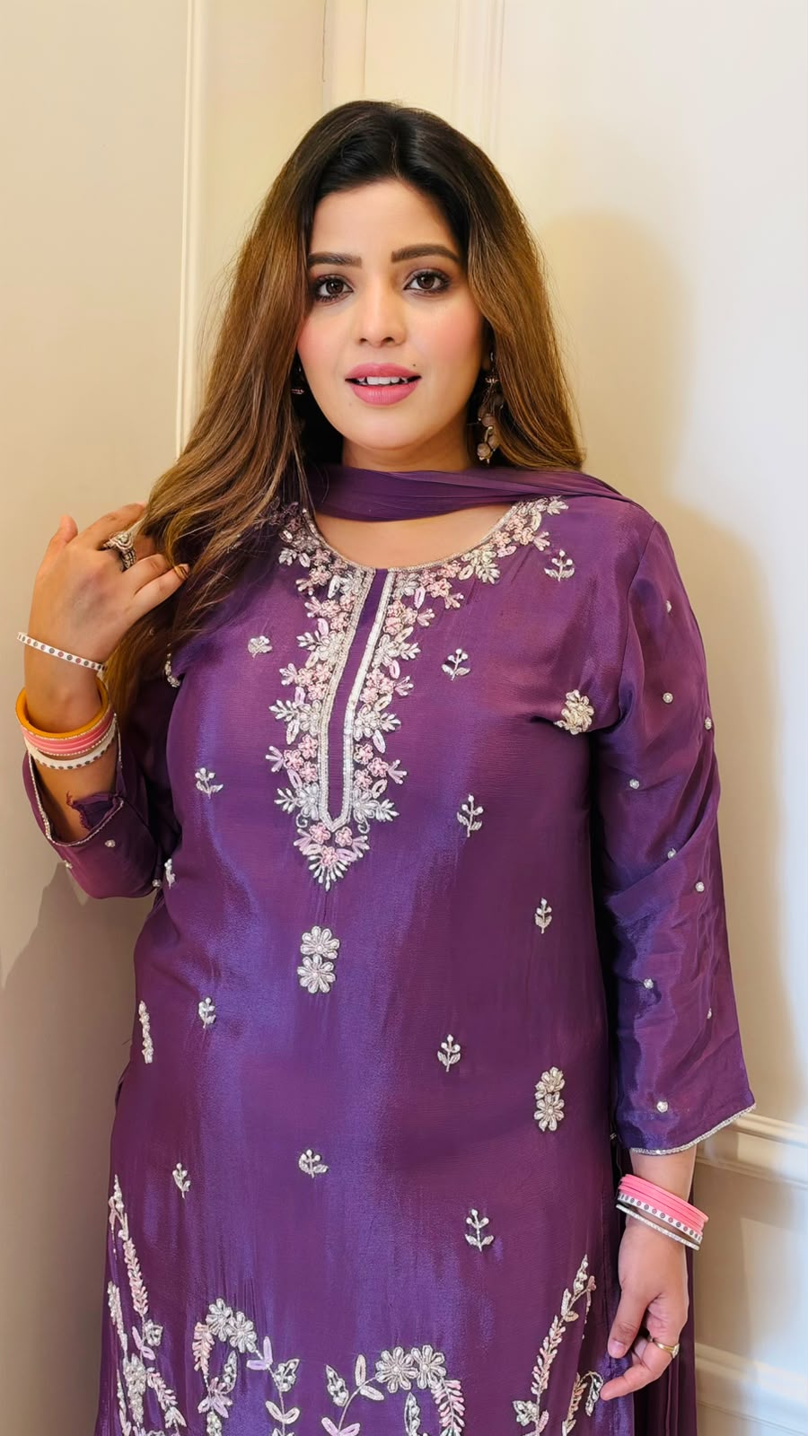 Akshara Chinnon Handwork Suit Set- Purple