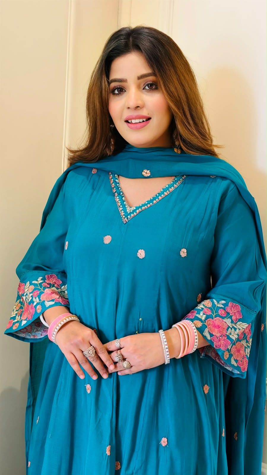 Anindita Maslin Anarkali Suit Set- Blue, Yellow, Hot Pink