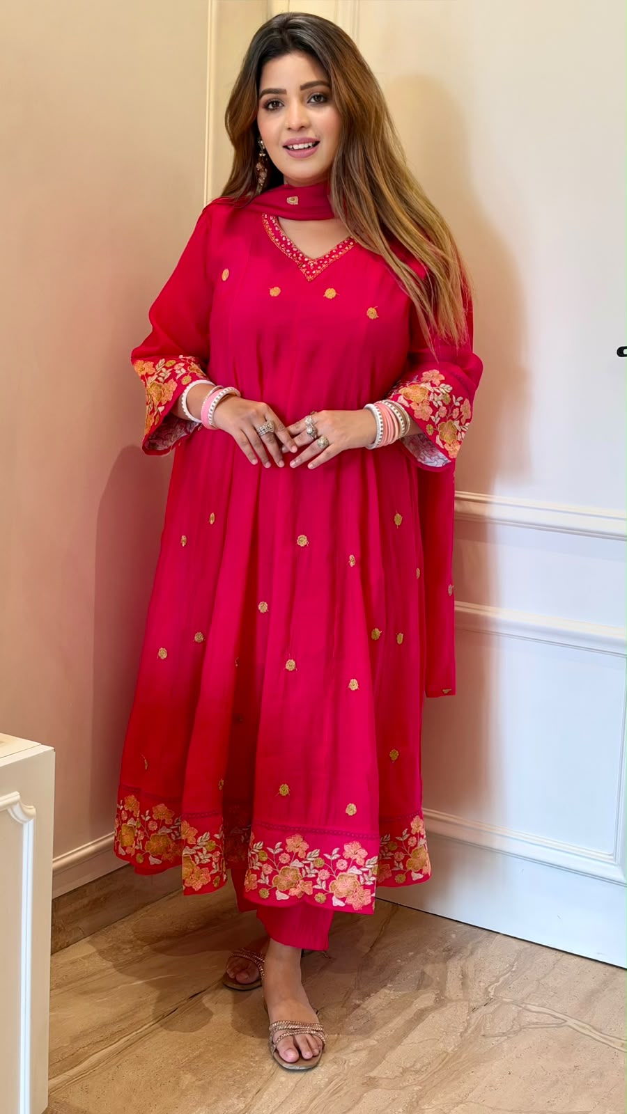 Anindita Maslin Anarkali Suit Set- Blue, Yellow, Hot Pink