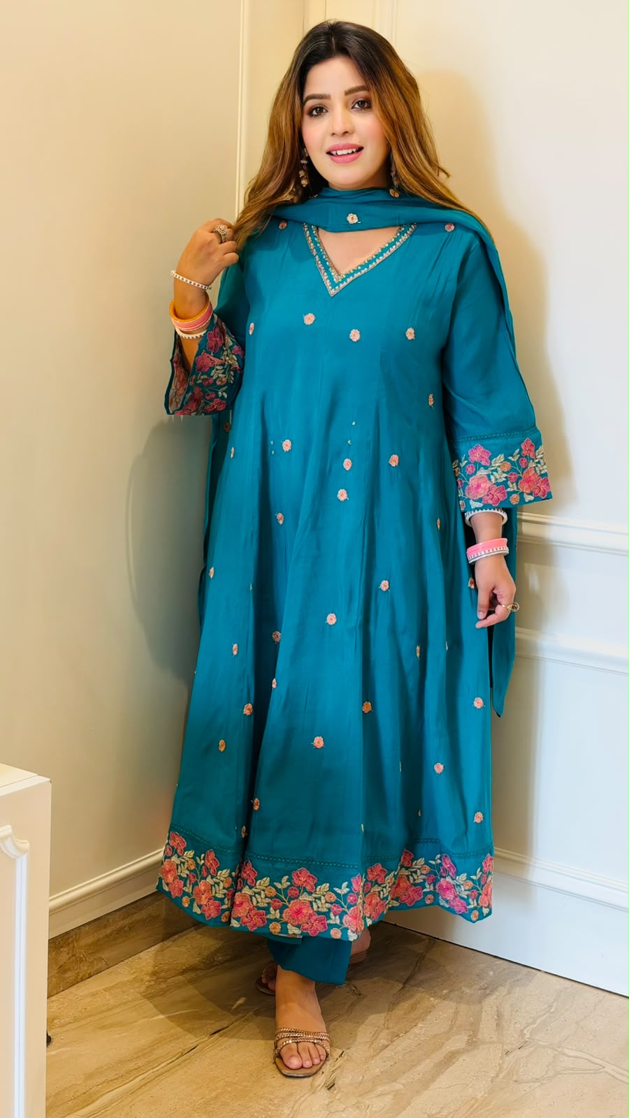 Anindita Maslin Anarkali Suit Set- Blue, Yellow, Hot Pink