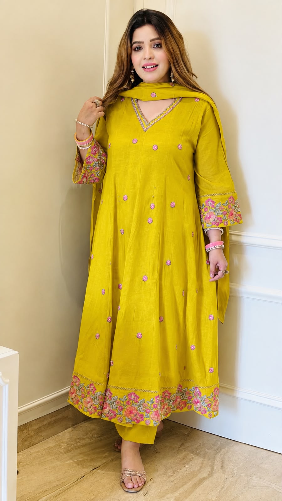 Anindita Maslin Anarkali Suit Set- Blue, Yellow, Hot Pink