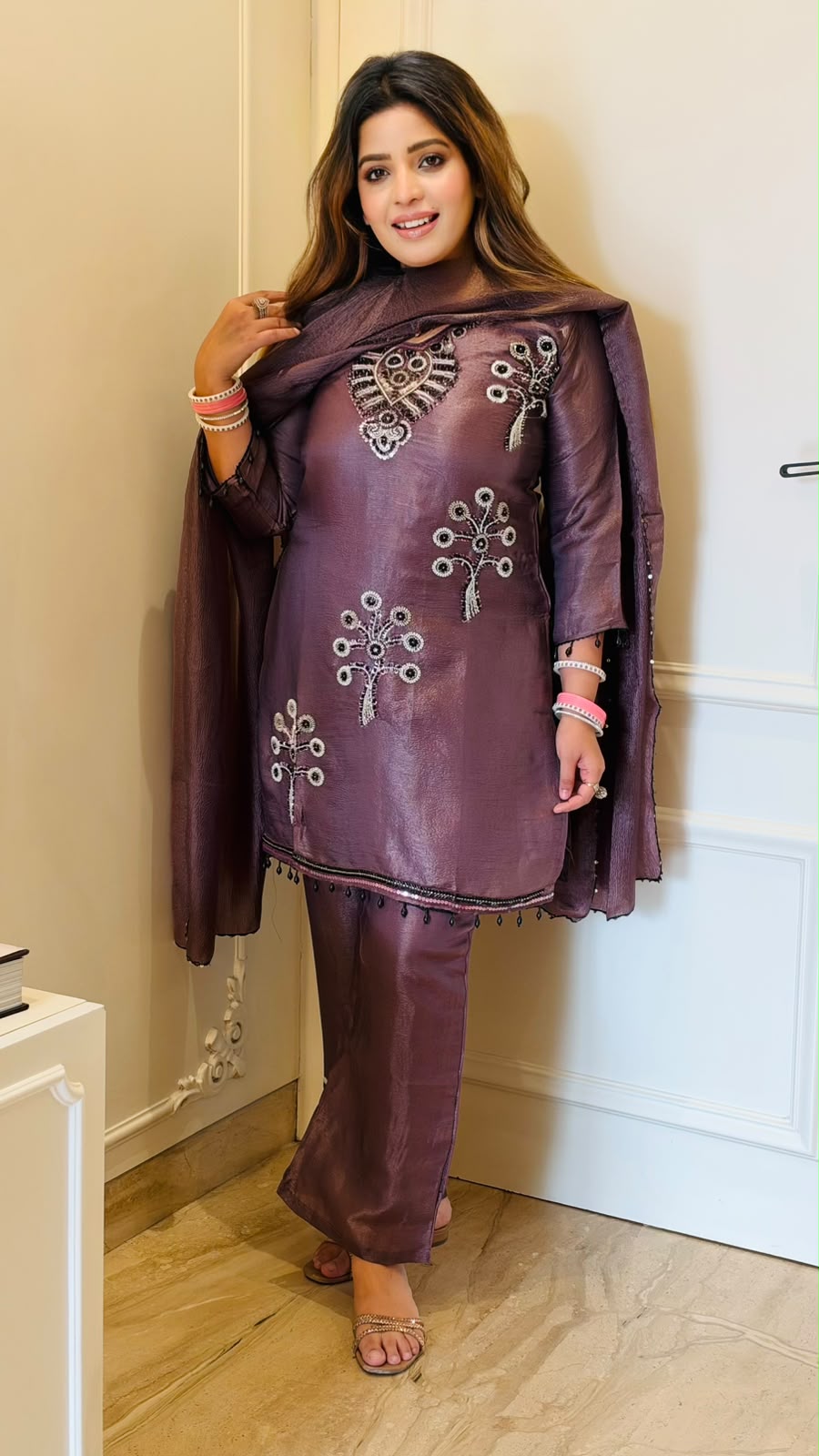 Anjali Satin Suit Set- Purple, Brown, Blue