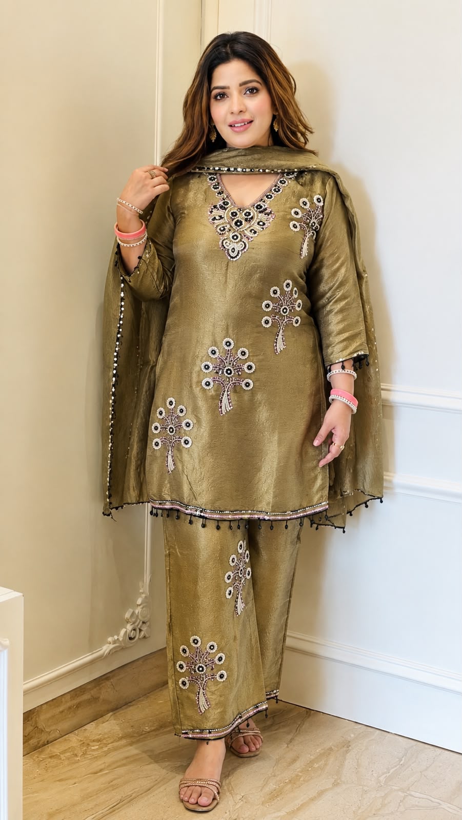 Anjali Satin Suit Set- Purple, Brown, Blue