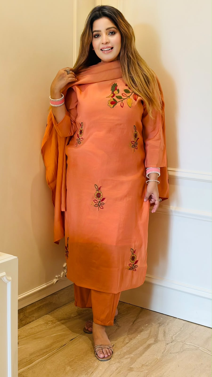 Anmol Maslin Suit Set- Orange, Pink