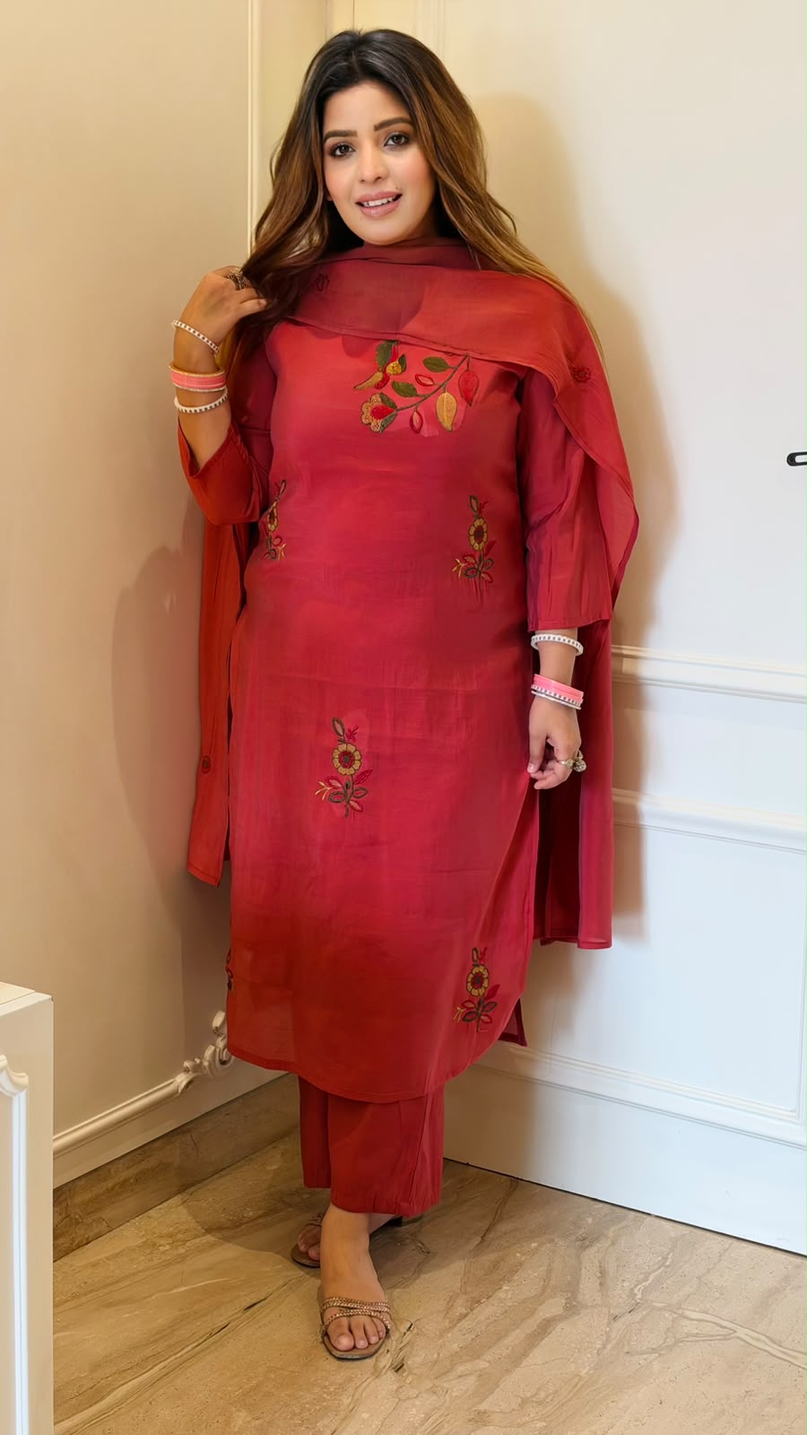 Anmol Maslin Suit Set- Orange, Pink