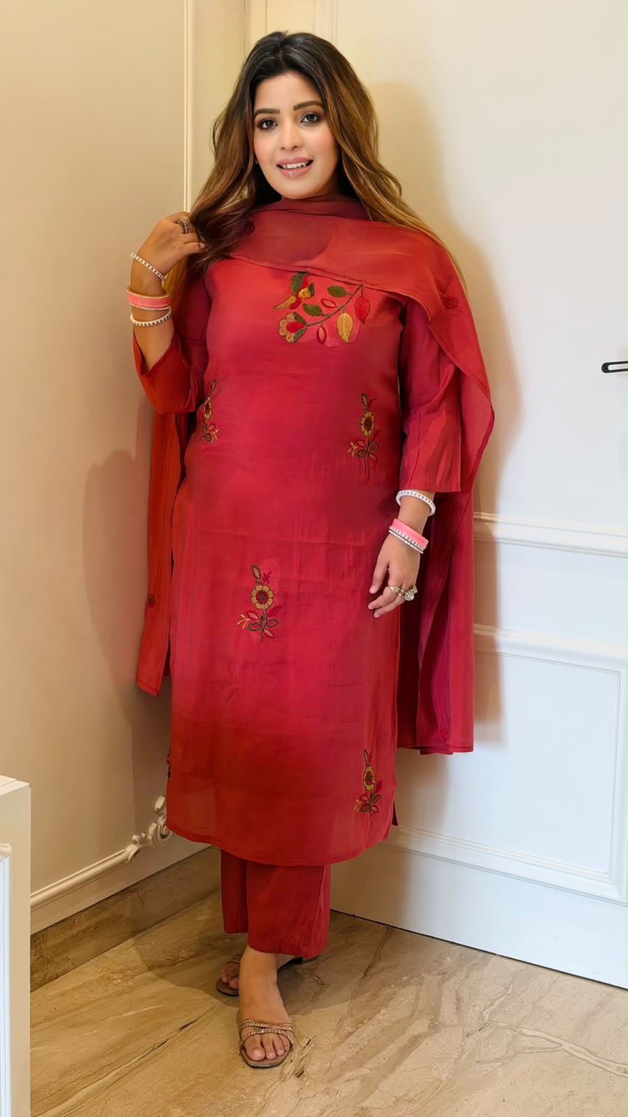 Anmol Maslin Suit Set- Orange, Pink